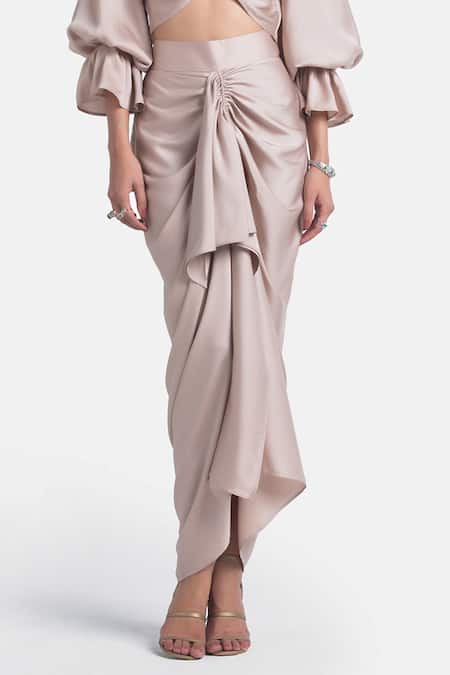 Buy_431-88 By Shweta Kapur_Beige Satin Samara Skirt_Online_at_Aza_Fashions