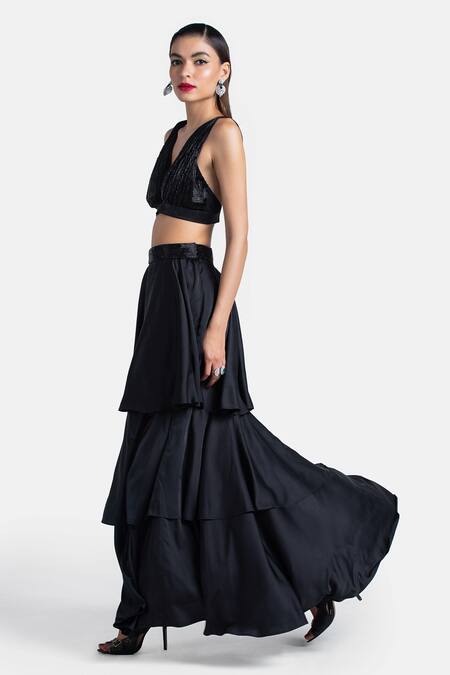 Buy_431-88 By Shweta Kapur_Black Net Embroidery V-neck Sia Cut Dana Top_Online_at_Aza_Fashions