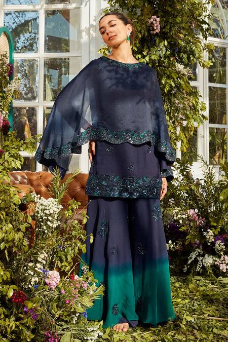 Rococo Green Organza, Georgette Bead Work, Cutdana Shyla Ombre Tunic And Dhoti Pant Set Online at Aza Fashions Rococo_Green Organza, Georgette Bead Work, Cutdana Shyla Ombre Tunic And Dhoti Pant Set_Online_at_Aza_Fashions