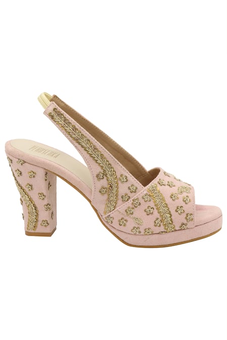Buy_Veruschka By Payal Kothari_Pink Embroidery Suede Peep Toe Heels _Online_at_Aza_Fashions