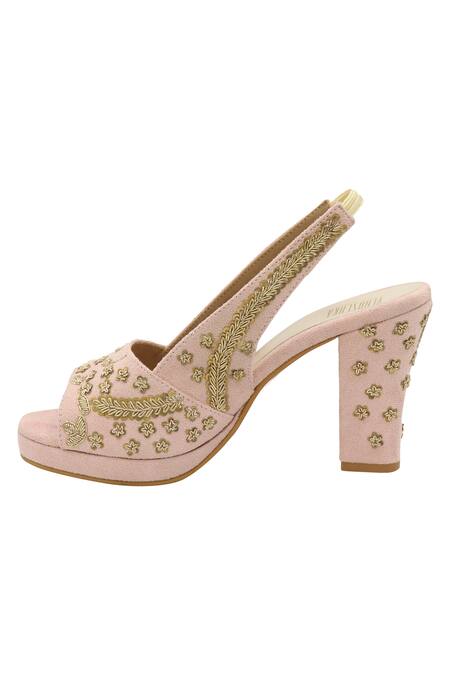 Shop_Veruschka By Payal Kothari_Pink Embroidery Suede Peep Toe Heels _Online_at_Aza_Fashions