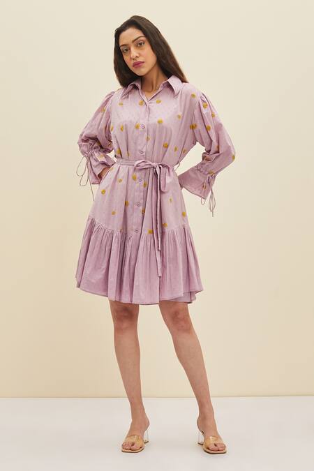 Meadow_Purple Swiss Dot Cotton Floral Shirt Collar Siena Dress_Online_at_Aza_Fashions