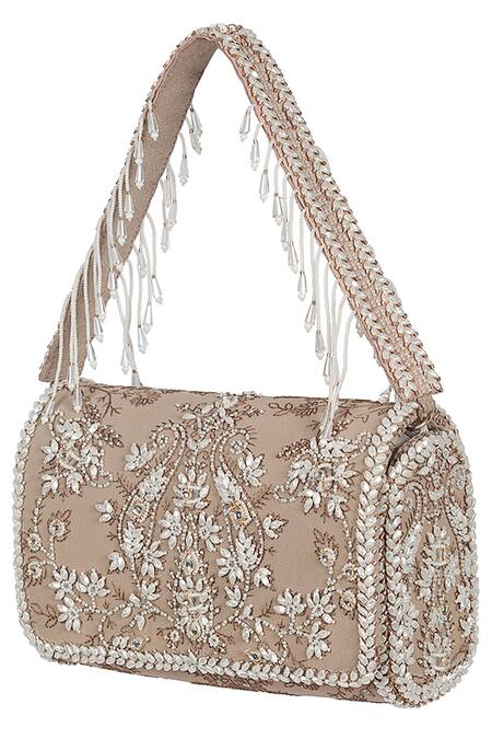 Shop Lovetobag Beige Japanese Beads Siah Floral Kundan Embellished Flapover Clutch Online at Aza Fashions Shop_Lovetobag_Beige Japanese Beads Siah Floral Kundan Embellished Flapover Clutch _Online_at_Aza_Fashions