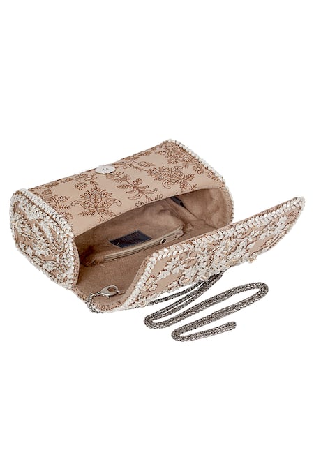 Lovetobag Beige Japanese Beads Siah Floral Kundan Embellished Flapover Clutch at Aza Fashions Lovetobag_Beige Japanese Beads Siah Floral Kundan Embellished Flapover Clutch _at_Aza_Fashions