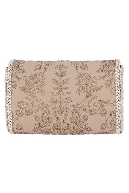 Shop Lovetobag Beige Japanese Beads Siah Floral Kundan Embellished Flapover Clutch at Aza Fashions Shop_Lovetobag_Beige Japanese Beads Siah Floral Kundan Embellished Flapover Clutch _at_Aza_Fashions