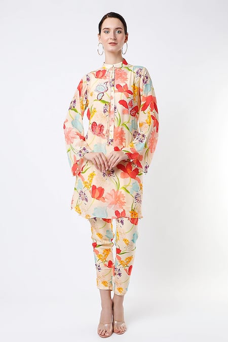 Seams Pret And Couture Multi Color Crepe Printed Floral Motifs Band Collar Tunic And Pant Set 