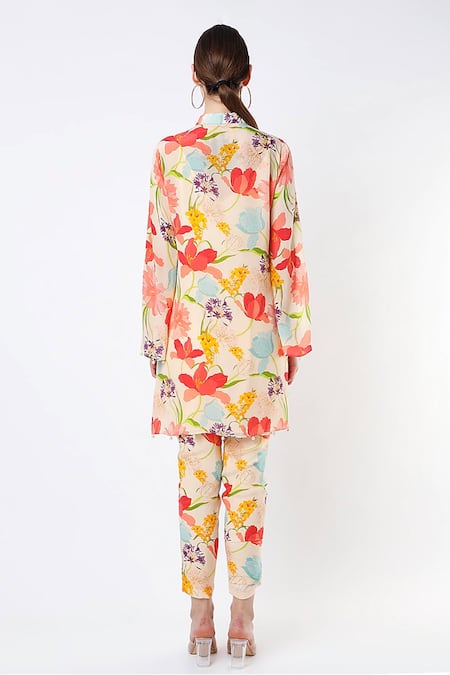 Shop Seams Pret And Couture Multi Color Crepe Printed Floral Motifs Band Collar Tunic And Pant Set at Aza Fashions Shop_Seams Pret And Couture_Multi Color Crepe Printed Floral Motifs Band Collar Tunic And Pant Set _at_Aza_Fashions