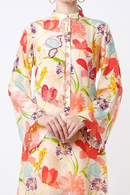 Seams Pret And Couture Multi Color Crepe Printed Floral Motifs Band Collar Tunic And Pant Set Online at Aza Fashions Seams Pret And Couture_Multi Color Crepe Printed Floral Motifs Band Collar Tunic And Pant Set _Online_at_Aza_Fashions