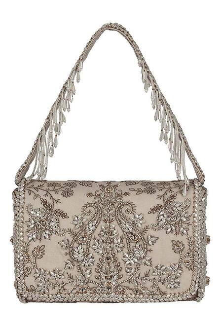 Shop Lovetobag Grey Crystals, Pearls, Zari Siah Floral Kundan Embellished Flapover Clutch at Aza Fashions Shop_Lovetobag_Grey Crystals, Pearls, Zari Siah Floral Kundan Embellished Flapover Clutch _at_Aza_Fashions