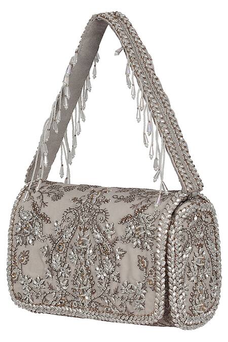 Lovetobag Grey Crystals, Pearls, Zari Siah Floral Kundan Embellished Flapover Clutch Online at Aza Fashions Lovetobag_Grey Crystals, Pearls, Zari Siah Floral Kundan Embellished Flapover Clutch _Online_at_Aza_Fashions