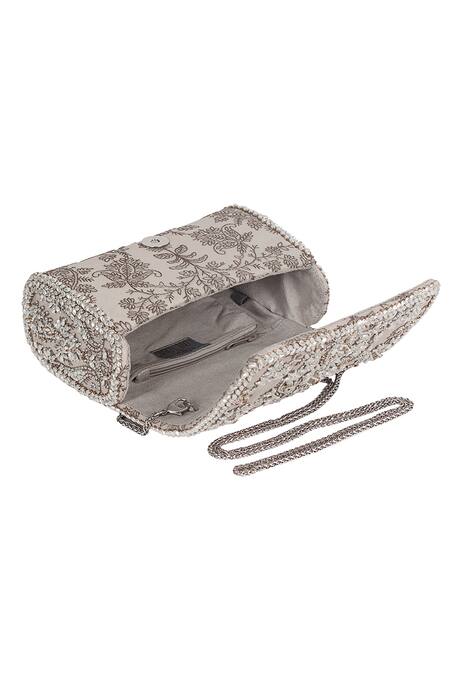 Buy Lovetobag Grey Crystals, Pearls, Zari Siah Floral Kundan Embellished Flapover Clutch Online at Aza Fashions Buy_Lovetobag_Grey Crystals, Pearls, Zari Siah Floral Kundan Embellished Flapover Clutch _Online_at_Aza_Fashions