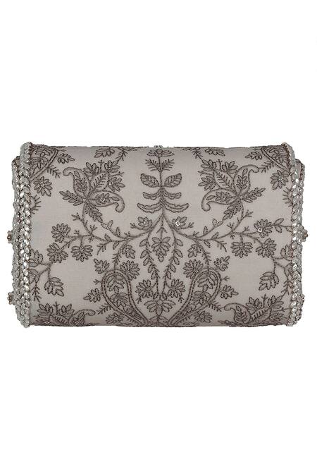 Shop Lovetobag Grey Crystals, Pearls, Zari Siah Floral Kundan Embellished Flapover Clutch Online at Aza Fashions Shop_Lovetobag_Grey Crystals, Pearls, Zari Siah Floral Kundan Embellished Flapover Clutch _Online_at_Aza_Fashions