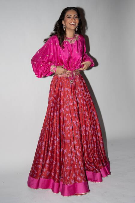 Shop Punit Balana Red , Organza Embroidery Round Neck Gulaabi Top And Skirt Set Online at Aza Fashions Shop_Punit Balana_Red , Organza Embroidery Round Neck Gulaabi Top And Skirt Set _Online_at_Aza_Fashions