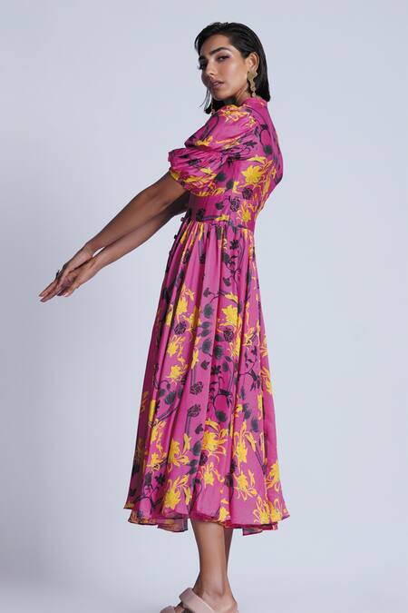 Ekastories_Pink Cotton V-neck Floral Print Midi Dress_Online_at_Aza_Fashions