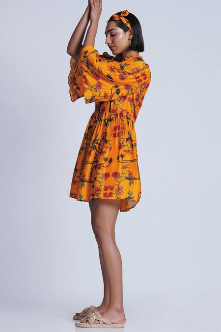 Buy_Ekastories_Yellow Cotton Bandeau Neck Betty Myles Young Floral Print Dress_Online_at_Aza_Fashions