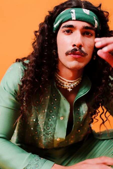 Wabi Sabi By Anshum-Ritesh Green Chanderi Embroidery Kurta Set Online at Aza Fashions Wabi Sabi By Anshum-Ritesh_Green Chanderi Embroidery Kurta Set _Online_at_Aza_Fashions