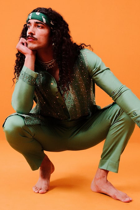 Buy Wabi Sabi By Anshum-Ritesh Green Chanderi Embroidery Kurta Set Online at Aza Fashions Buy_Wabi Sabi By Anshum-Ritesh_Green Chanderi Embroidery Kurta Set _Online_at_Aza_Fashions