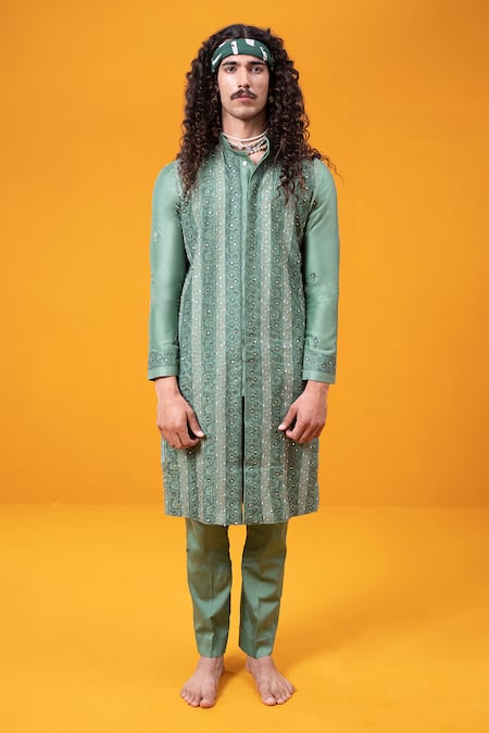 Shop Wabi Sabi By Anshum-Ritesh Green Chanderi Embroidery Kurta Set Online at Aza Fashions Shop_Wabi Sabi By Anshum-Ritesh_Green Chanderi Embroidery Kurta Set _Online_at_Aza_Fashions