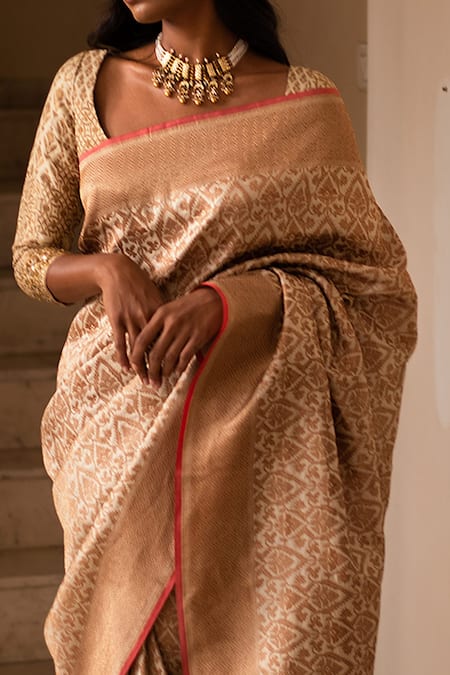 Shop_Priyanka Raajiv_White Silk Brocade Banarasi Woven Thread Saree  _Online_at_Aza_Fashions