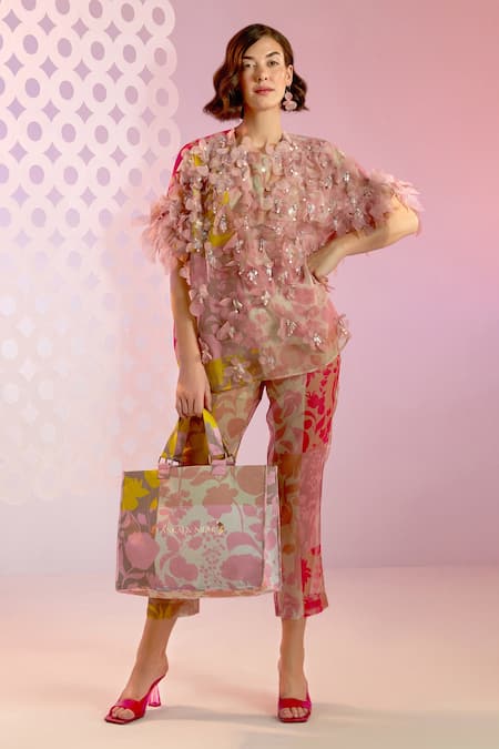 Pankaj & Nidhi Multi Color Organza Floral Motifs Round Silueta Hand Embellished Top Online at Aza Fashions Pankaj & Nidhi_Multi Color Organza Floral Motifs Round Silueta Hand Embellished Top_Online_at_Aza_Fashions