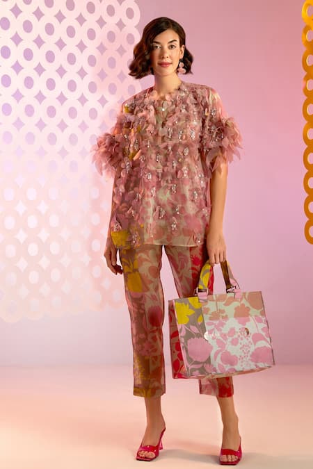 Buy Pankaj & Nidhi Multi Color Organza Floral Motifs Round Silueta Hand Embellished Top Online at Aza Fashions Buy_Pankaj & Nidhi_Multi Color Organza Floral Motifs Round Silueta Hand Embellished Top_Online_at_Aza_Fashions