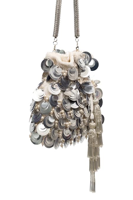 Shop SG Collection By Sonia Gulrajani Silver Sequins, Tassels Penny Velvet Embroidered Potli Bag at Aza Fashions Shop_SG Collection By Sonia Gulrajani_Silver Sequins, Tassels Penny Velvet Embroidered Potli Bag _at_Aza_Fashions