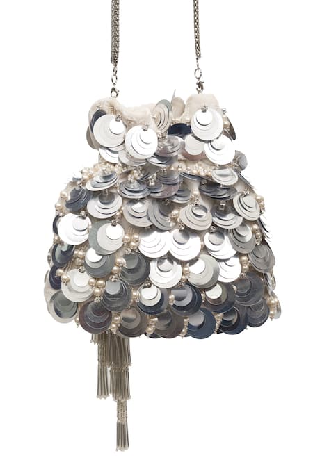SG Collection By Sonia Gulrajani Silver Sequins, Tassels Penny Velvet Embroidered Potli Bag Online at Aza Fashions SG Collection By Sonia Gulrajani_Silver Sequins, Tassels Penny Velvet Embroidered Potli Bag _Online_at_Aza_Fashions