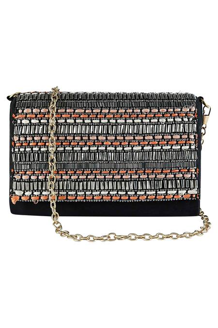 Buy_The Purple Sack_Black Embroidery Flap Clutch With Sling _Online_at_Aza_Fashions