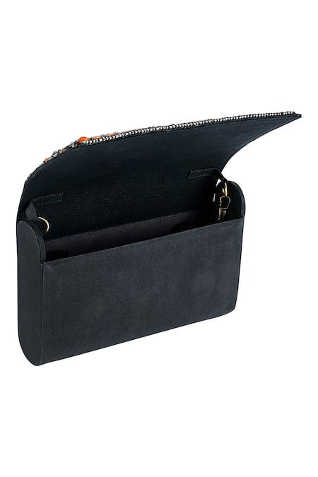 Shop_The Purple Sack_Black Embroidery Flap Clutch With Sling _Online_at_Aza_Fashions
