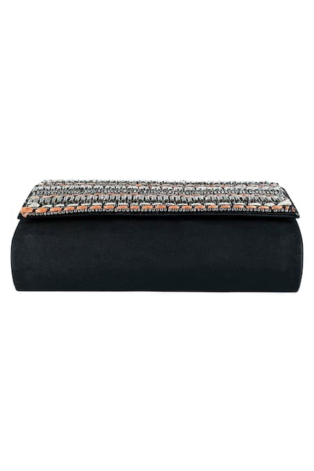 The Purple Sack_Black Embroidery Flap Clutch With Sling _at_Aza_Fashions
