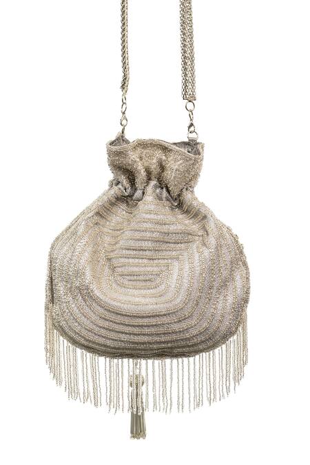 SG Collection By Sonia Gulrajani_Silver Diamonds, Beads Shine Dangler Embroidered Potli Bag _Online_at_Aza_Fashions