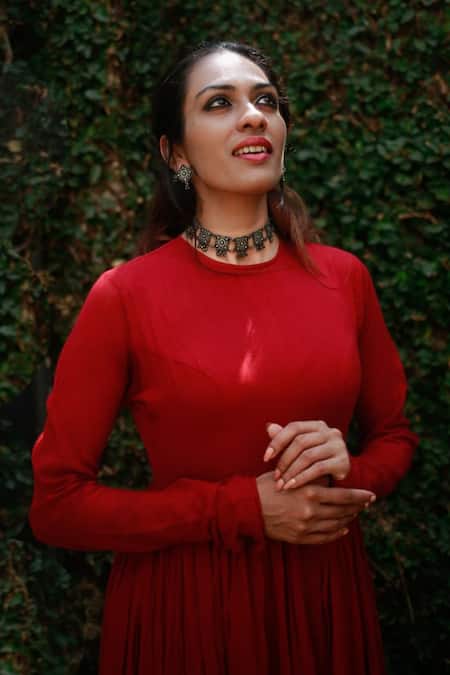 Shop Dot Red Cotton Round Anarkali Kurta at Aza Fashions Shop_Dot_Red Cotton Round Anarkali Kurta _at_Aza_Fashions