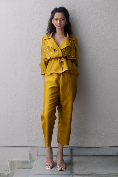 Shop Kavya Singh Kundu Yellow Silk Beads Collared Raa Mulberry Jacket Top With Pant Online at Aza Fashions Shop_Kavya Singh Kundu_Yellow Silk Beads Collared Raa Mulberry Jacket Top With Pant _Online_at_Aza_Fashions