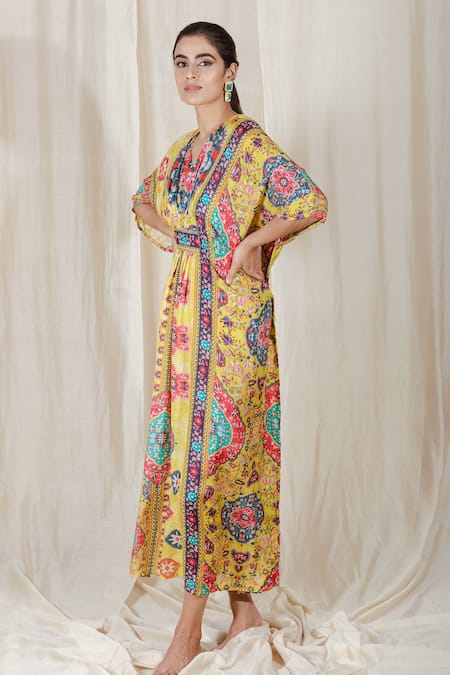 The Boozy Button_Multi Color Moroccan Silk Digital Print V Neck Single Ladies Kaftan_Online_at_Aza_Fashions