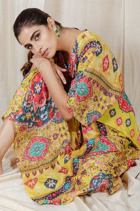 Shop_The Boozy Button_Multi Color Moroccan Silk Digital Print V Neck Single Ladies Kaftan_Online_at_Aza_Fashions