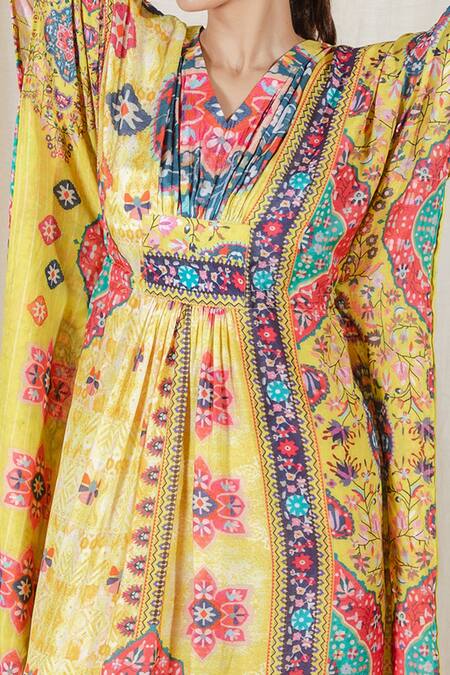 The Boozy Button_Multi Color Moroccan Silk Digital Print V Neck Single Ladies Kaftan_at_Aza_Fashions