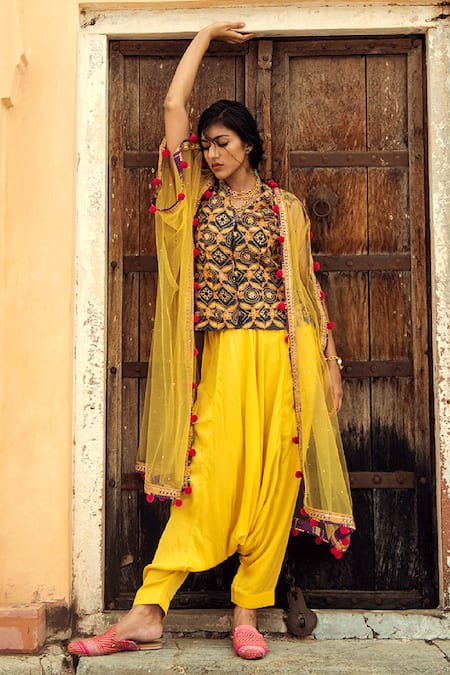 Swati Vijaivargie_Yellow , Chanderi , Net V Neck Embroidered Cape And Dhoti Pant Set _Online_at_Aza_Fashions
