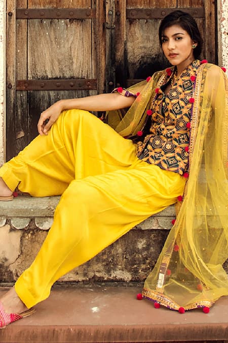 Buy_Swati Vijaivargie_Yellow , Chanderi , Net V Neck Embroidered Cape And Dhoti Pant Set _Online_at_Aza_Fashions