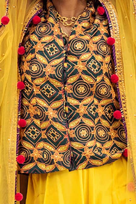 Shop_Swati Vijaivargie_Yellow , Chanderi , Net V Neck Embroidered Cape And Dhoti Pant Set _Online_at_Aza_Fashions