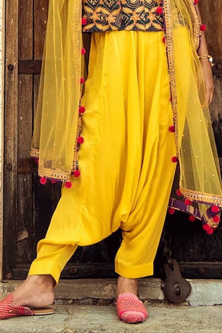 Swati Vijaivargie_Yellow , Chanderi , Net V Neck Embroidered Cape And Dhoti Pant Set _at_Aza_Fashions