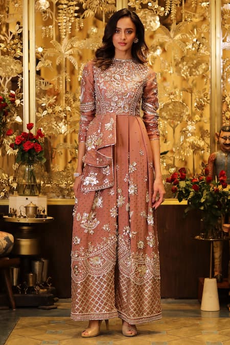 Sahil Kochhar Pink Crepe Embroidered 3d Applique Work High Siya Floral Jumpsuit  