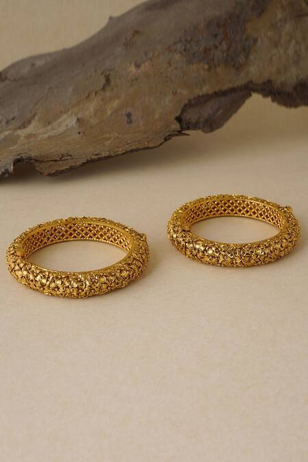 Smars Jewelry_Gold Plated Leaf Motif Bangles Set _Online_at_Aza_Fashions