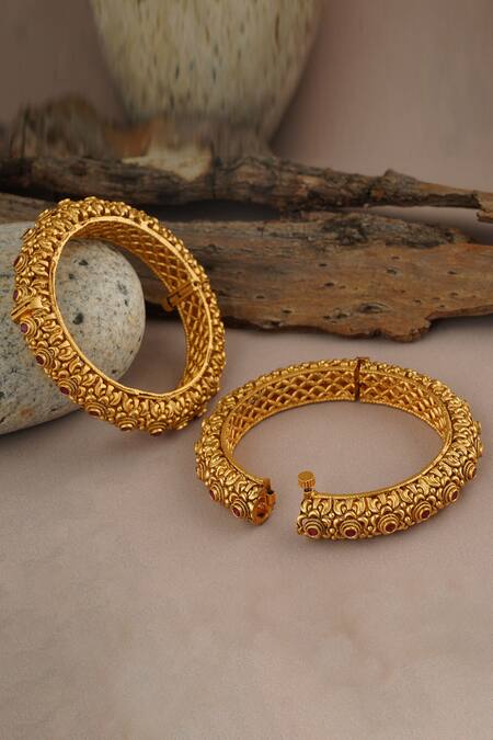 Smars Jewelry_Gold Plated Stones Floral Carved Bangles Set_Online_at_Aza_Fashions