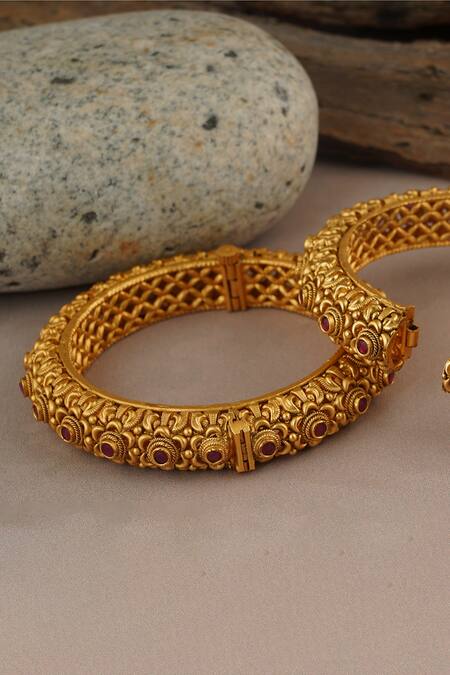 Buy_Smars Jewelry_Gold Plated Stones Floral Carved Bangles Set_Online_at_Aza_Fashions