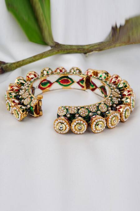 Smars Jewelry_Gold Plated Pearl Enamel Kada Bangle _Online_at_Aza_Fashions