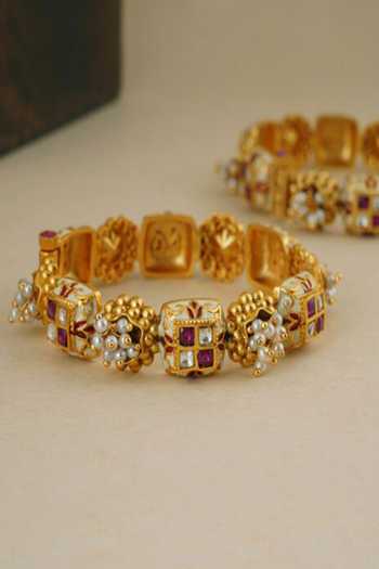 Buy_SMARS JEWELRY_Gold Plated Meenakari Work, Carved And Kundan Embellished & Bangles - Set Of 2_Online_at_Aza_Fashions