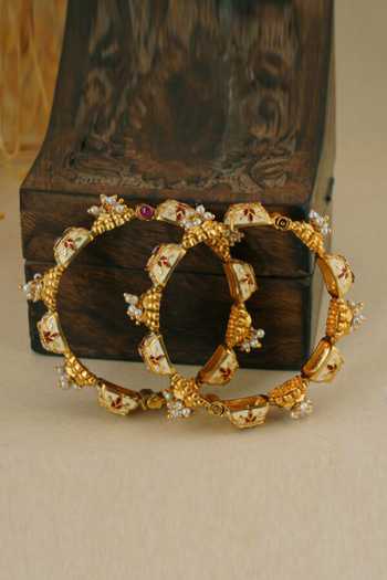 SMARS JEWELRY_Gold Plated Meenakari Work, Carved And Kundan Embellished & Bangles - Set Of 2_Online_at_Aza_Fashions
