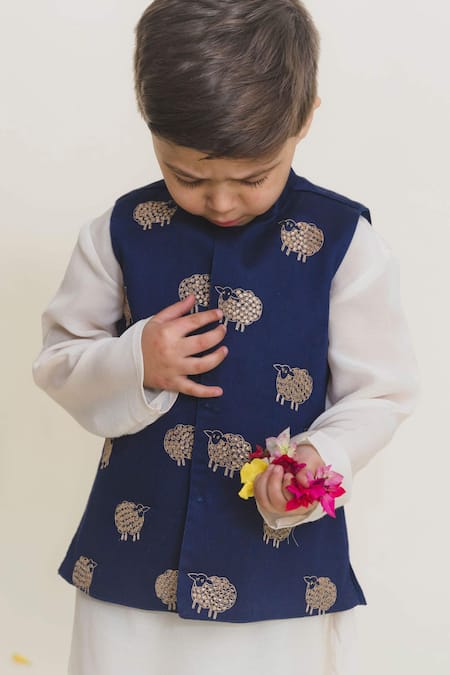 MR Brat Blue , Satin Embroidery, Sequins Animal Navy Bundi Set Online at Aza Fashions MR Brat_Blue , Satin Embroidery, Sequins Animal Navy Bundi Set _Online_at_Aza_Fashions