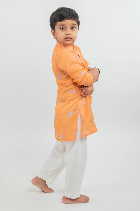 MR Brat_Orange Muslin, Cotton Embroidery Kurta Pajama _Online_at_Aza_Fashions