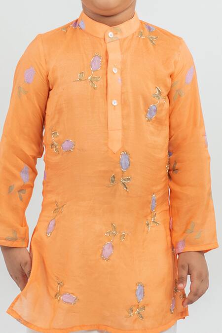 Buy_MR Brat_Orange Muslin, Cotton Embroidery Kurta Pajama _Online_at_Aza_Fashions